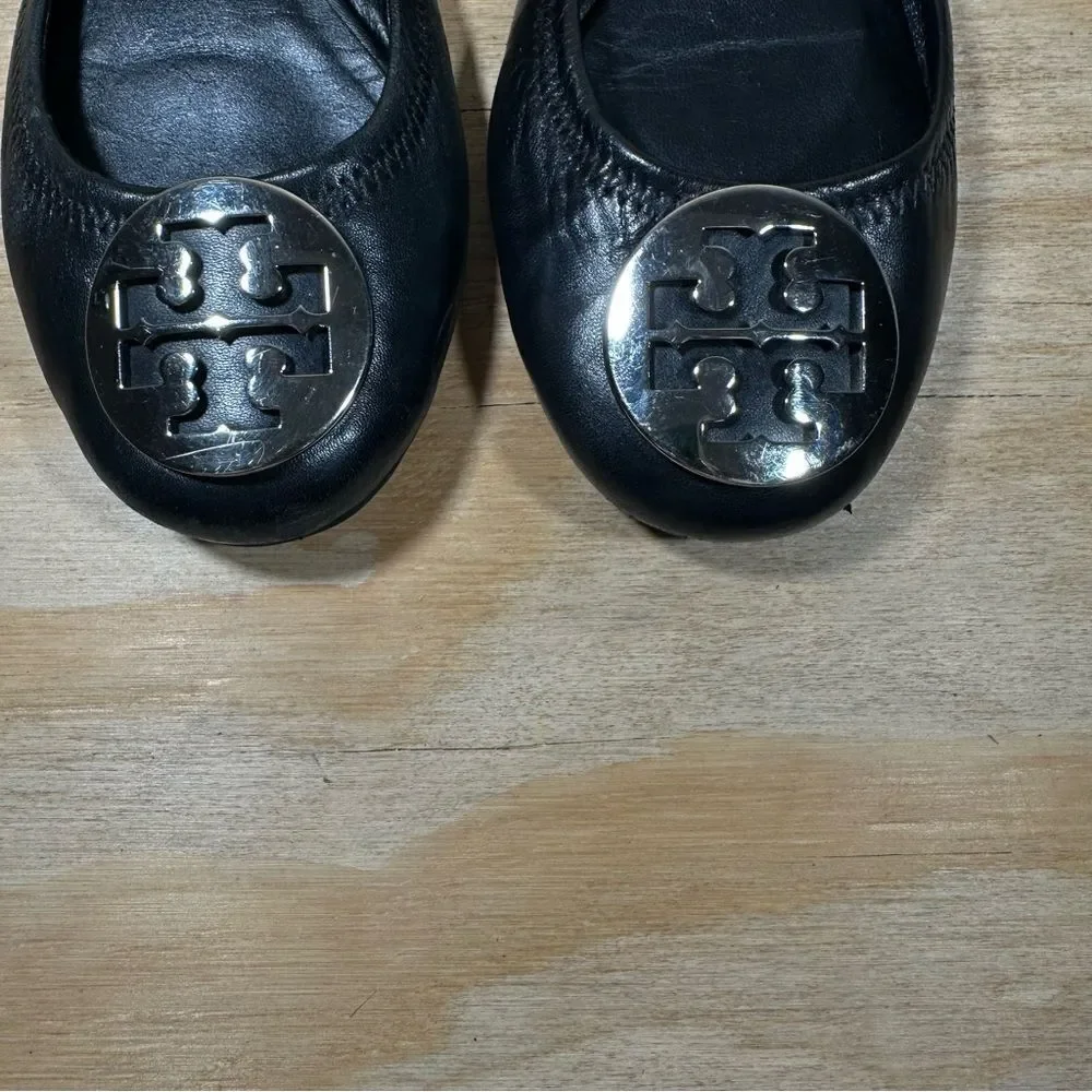 Tory Burch Black Flats with Logo Emblem